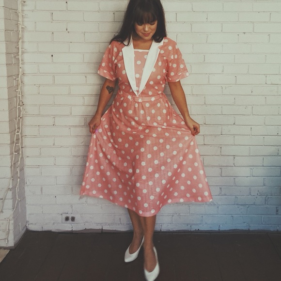 1980’s Peachy Pink Polka Dot Dress - Picture 2 of 6